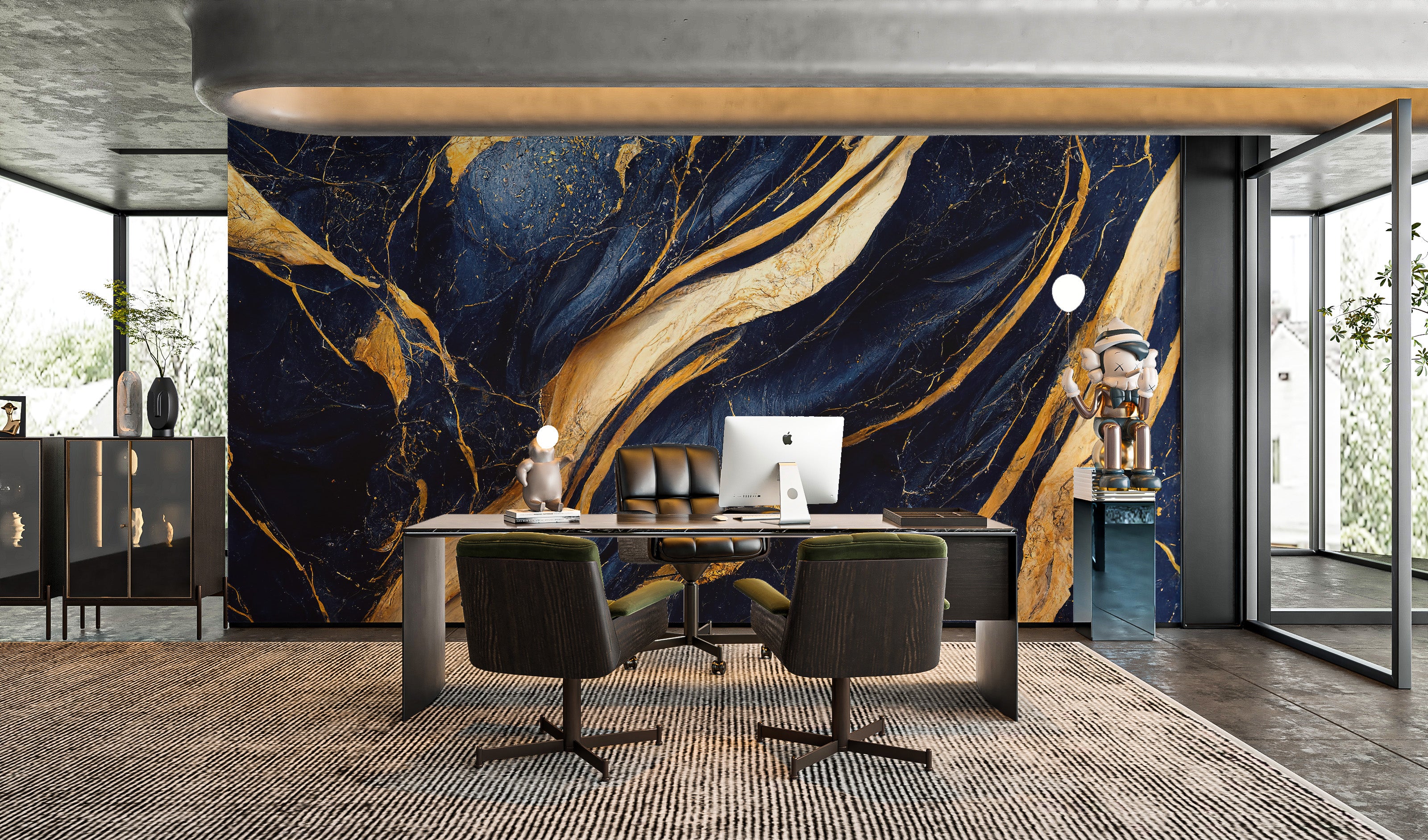 Modern marble wall mural with deep blue tones
