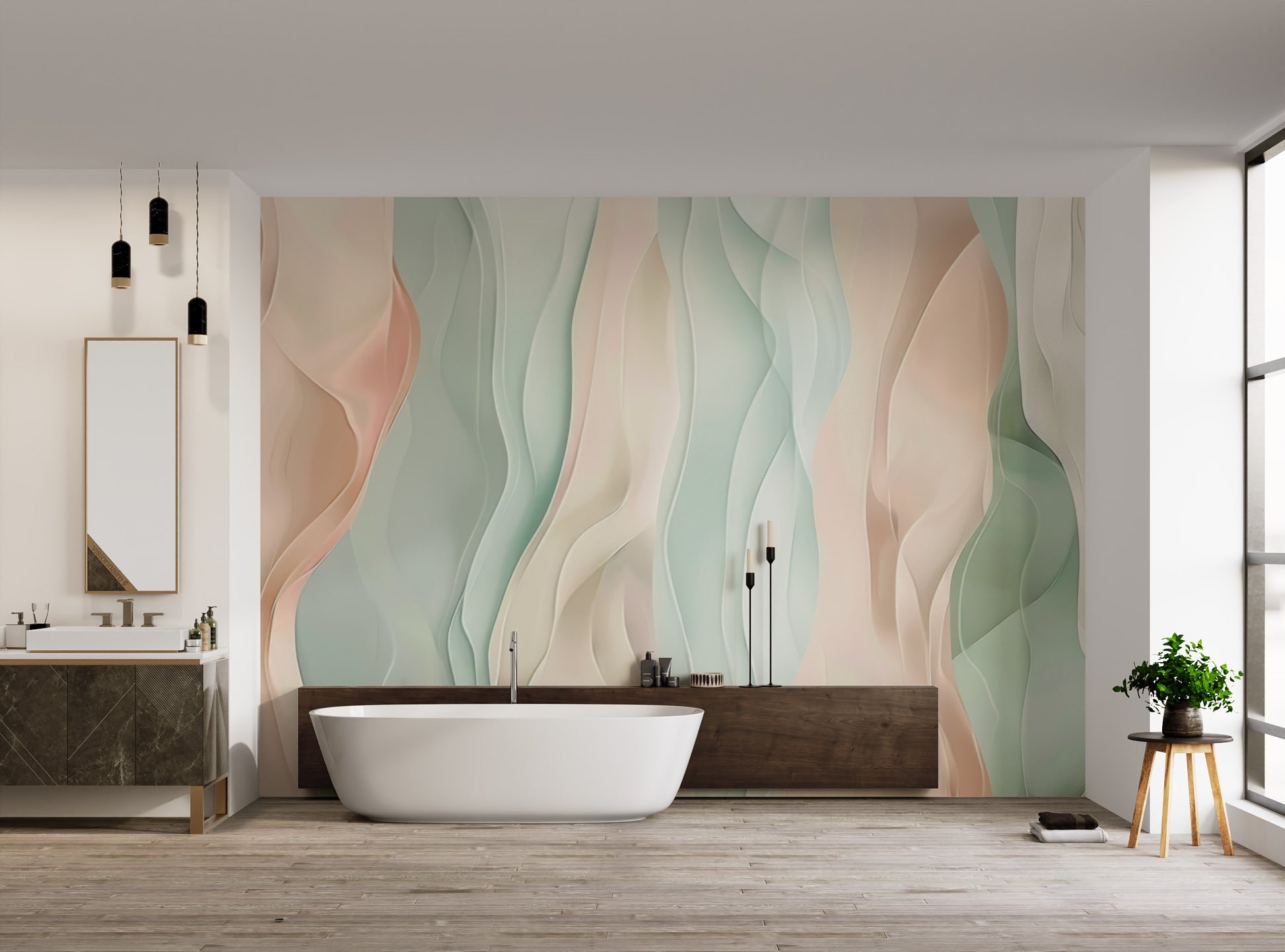 Elegant pastel wallpaper with organic flowing waves
