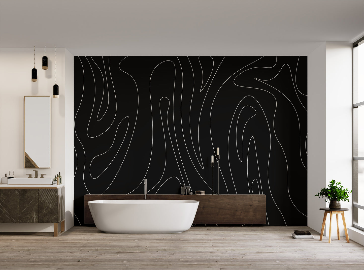 Geometric contour line design wallpaper in monochrome
