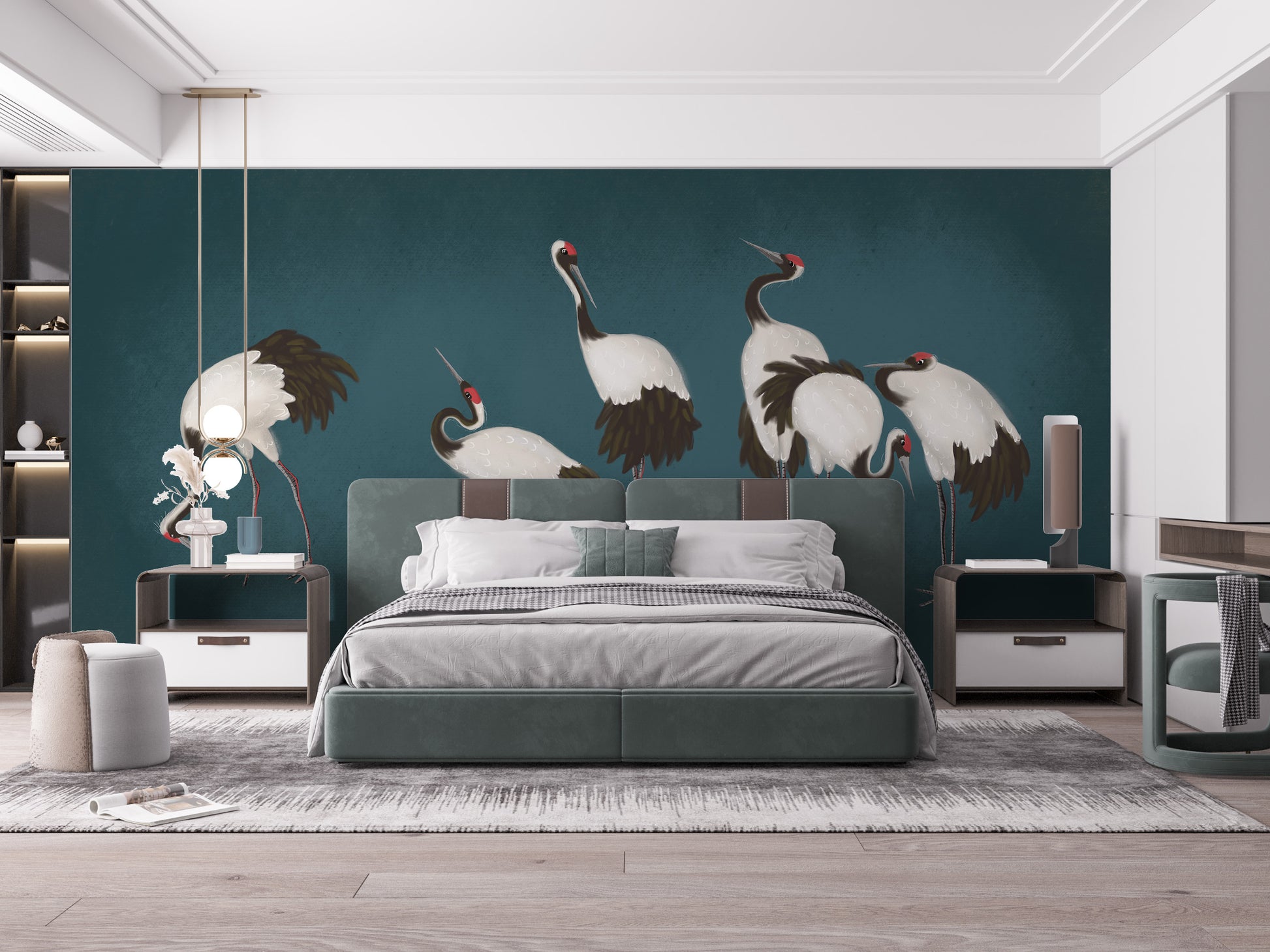 Serene crane dance wall art with elegance.
