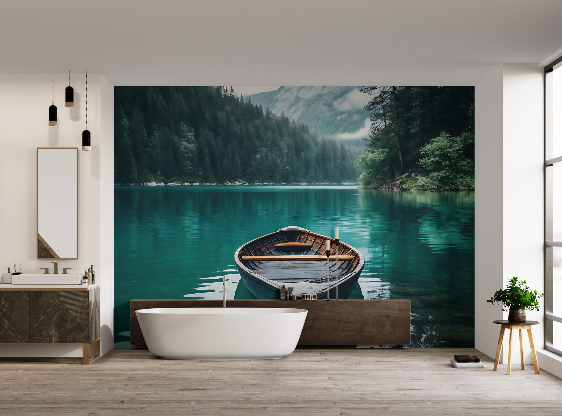 Rustic wooden boat on emerald lake
