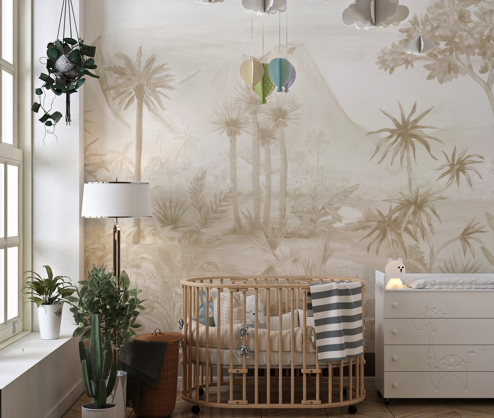Soft sepia jungle wallpaper featuring exotic plants and trees
