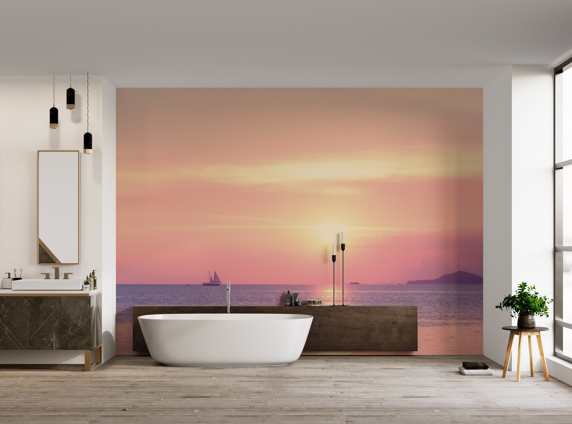 Sailboat at sunset ocean wallpaper
