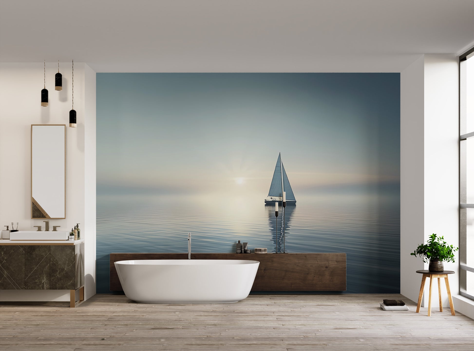 Tranquil sea and sailboat background in soft blues