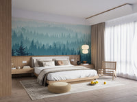 Foggy forest mural with subtle gradient background