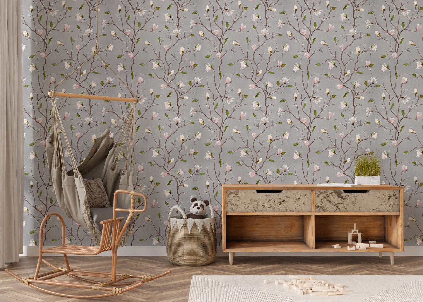 Grey Chinoiserie Pattern Magnolia Tree Flower Wallpaper