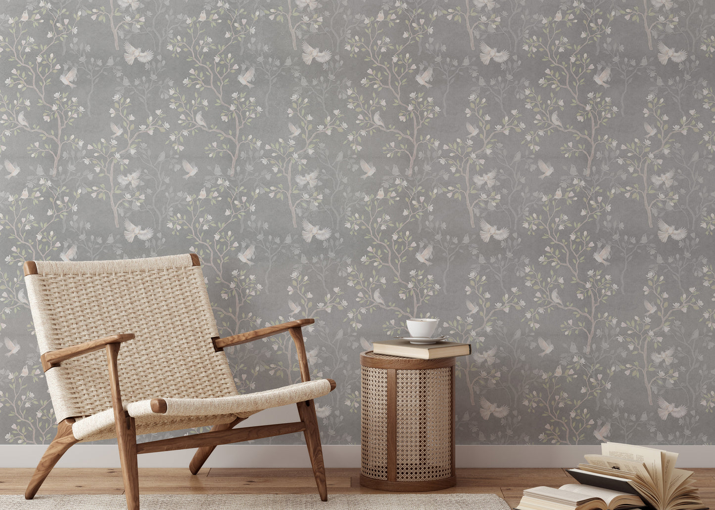 Grey Color Chinoiserie Design Magnolia Tree Birds Wallpaper