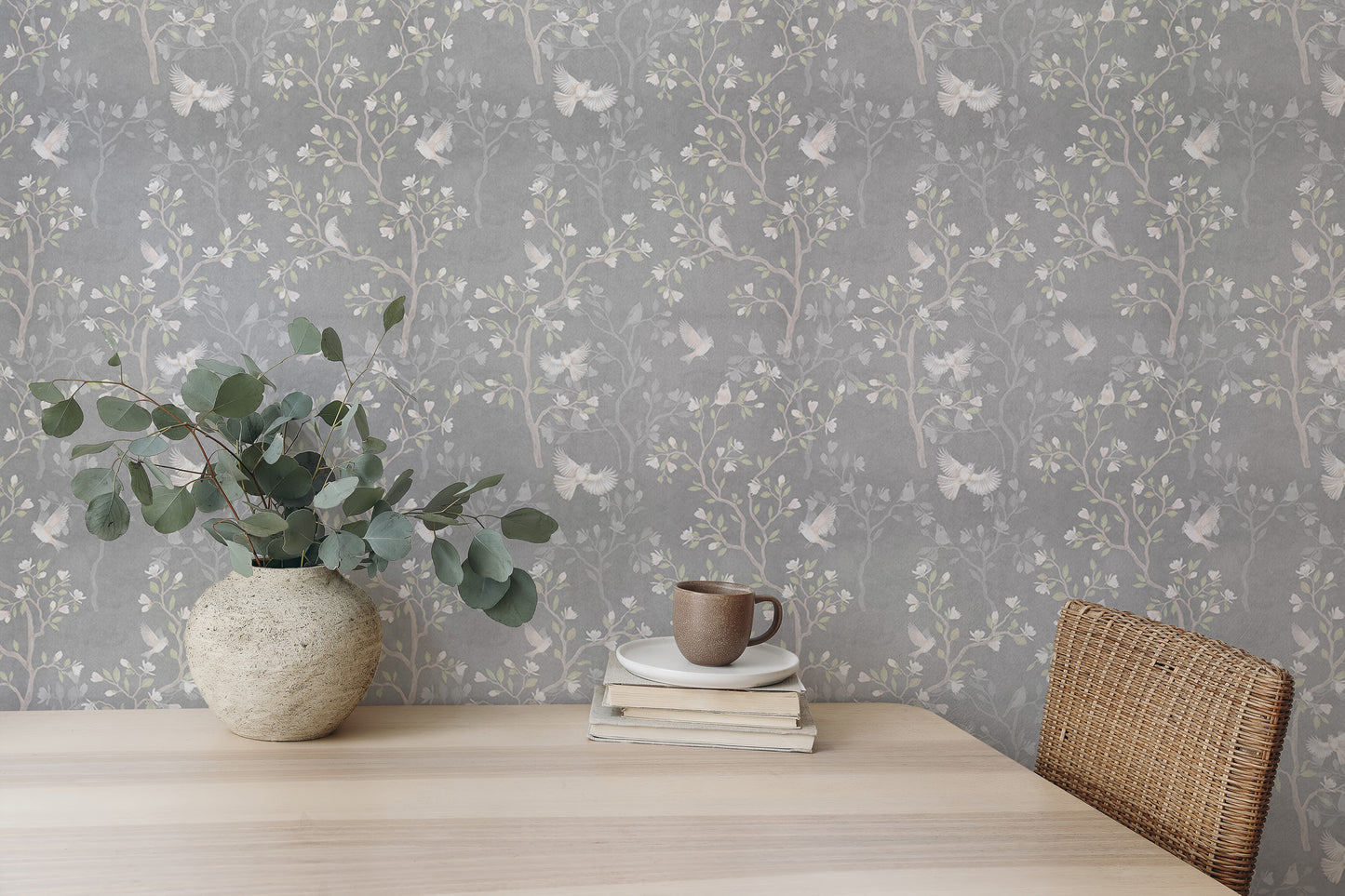 Grey Color Chinoiserie Design Magnolia Tree Birds Wallpaper