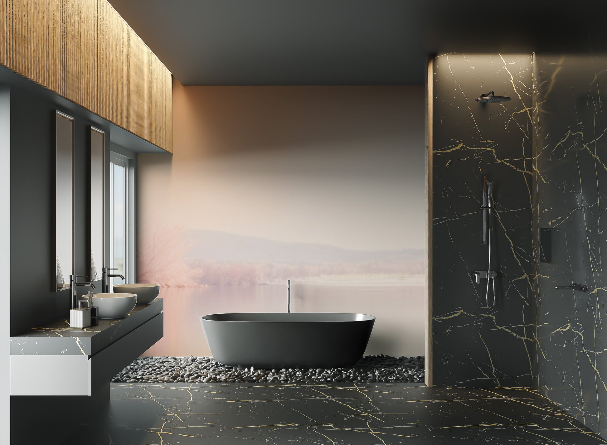 Tranquil lake with peachy sky mural

