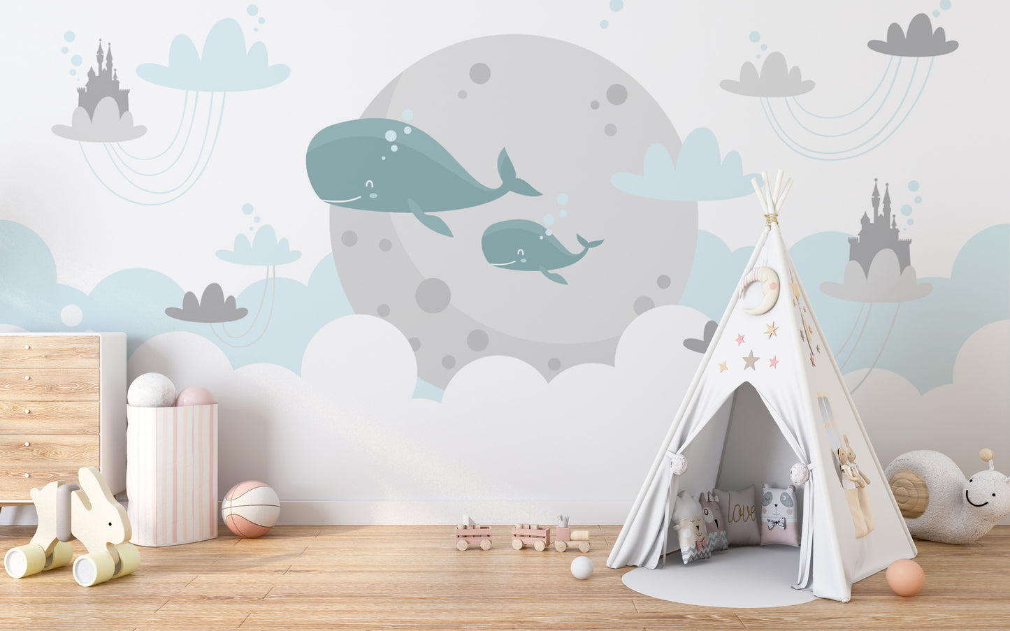 Kids Imagination Flying Whale Wall Murals