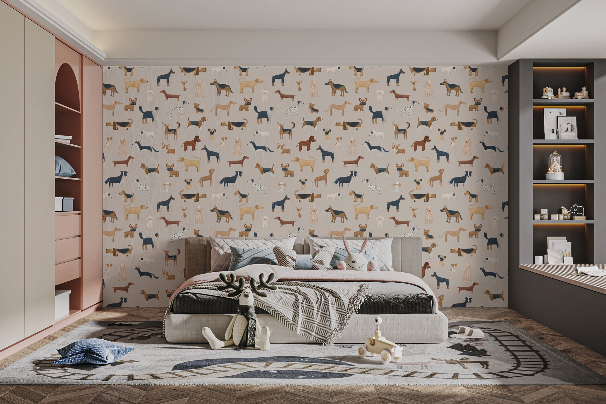 Adorable dogs breed design wallpaper in beige tones
