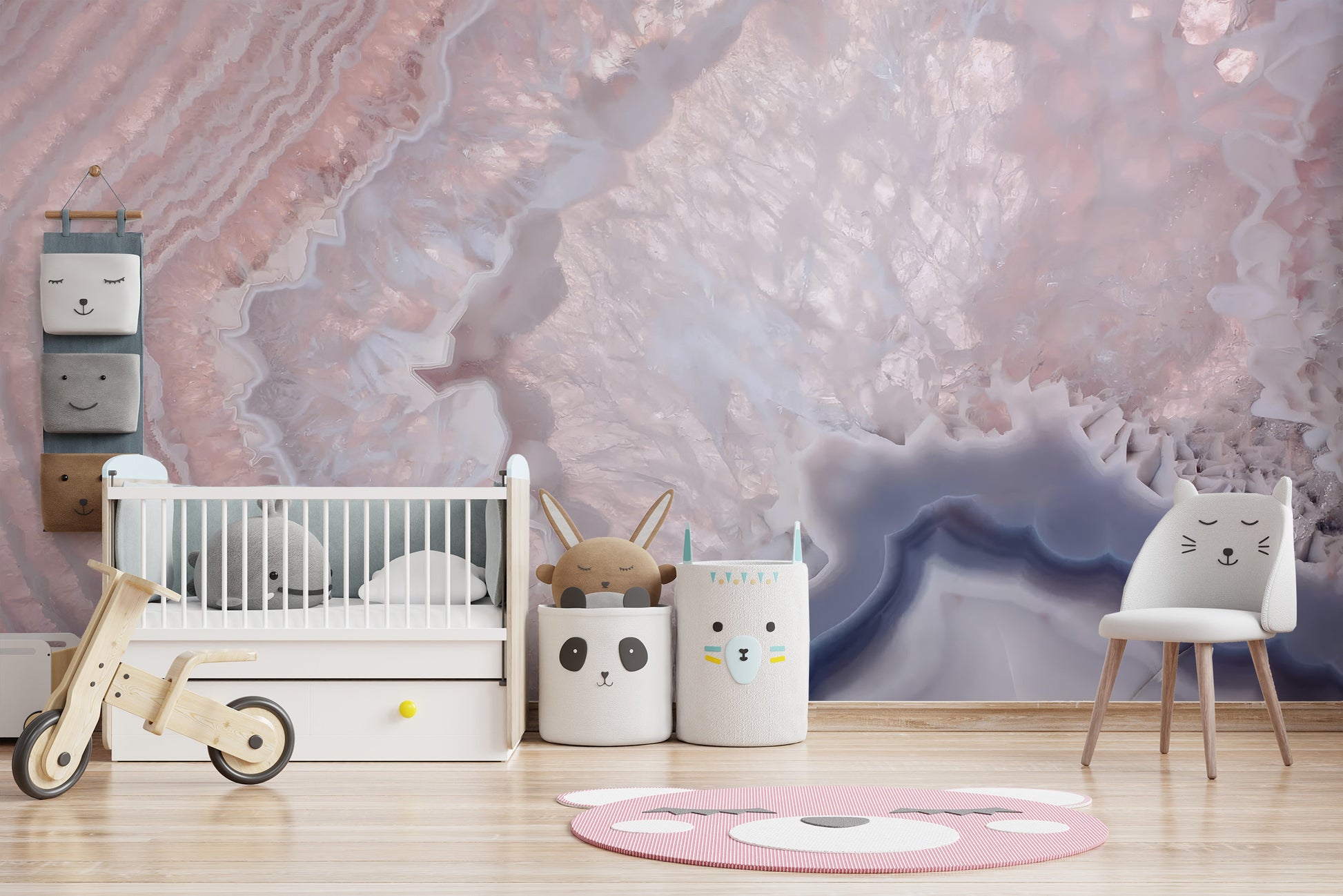 Artistic rose quartz mural with gentle, flowing color gradients
