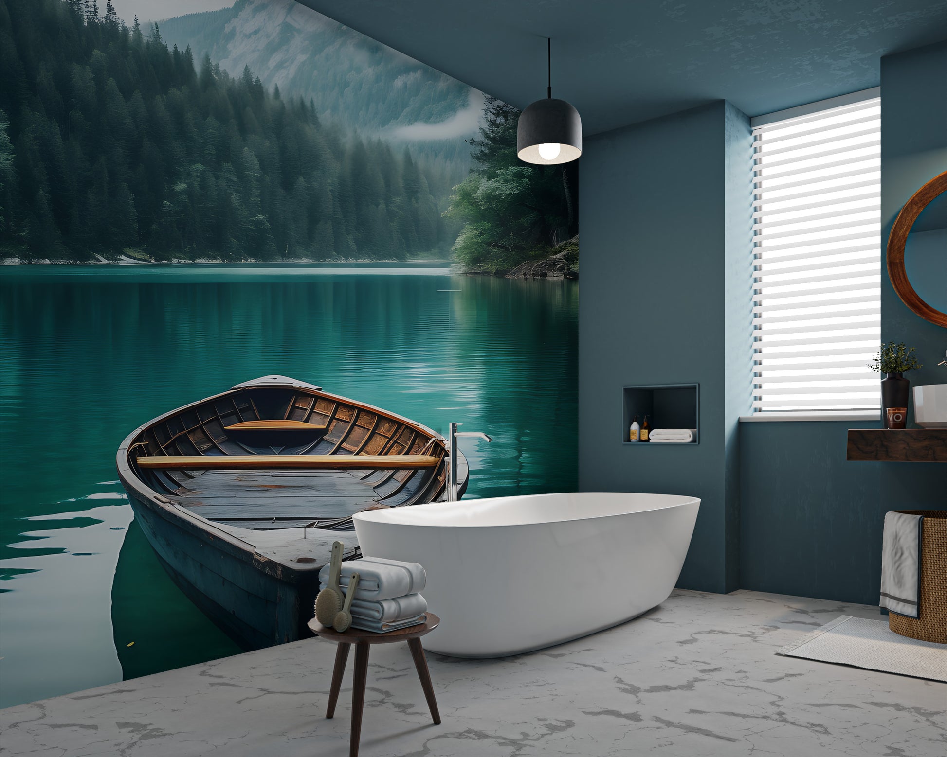 Nature-inspired boat on lake wallpaper

