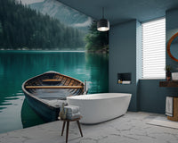 Nature-inspired boat on lake wallpaper
