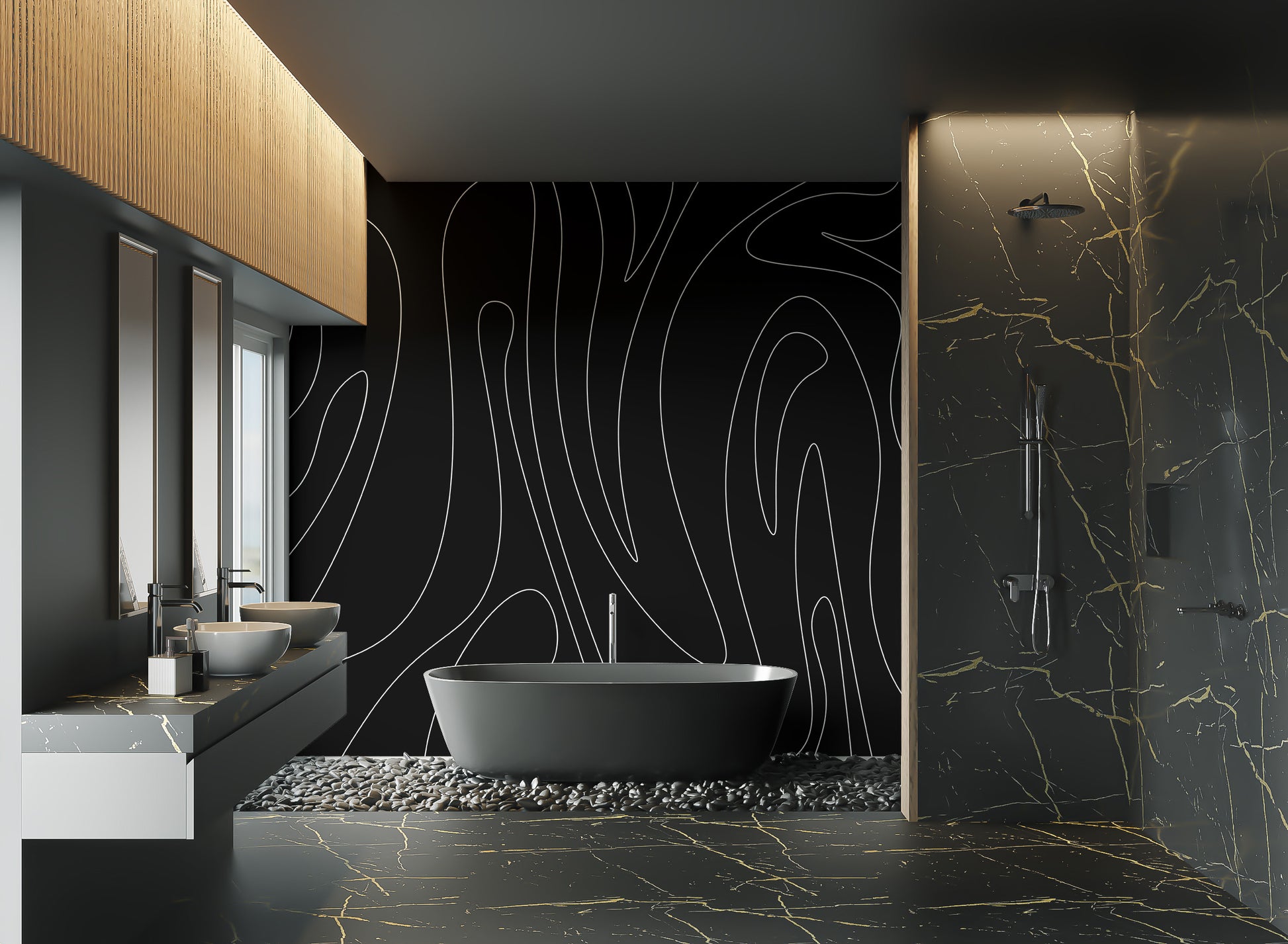 Wavy line pattern wallpaper with bold monochrome look
