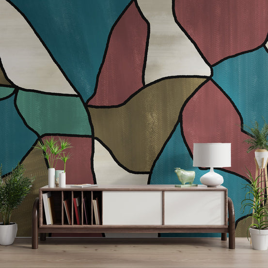 Artistic patchwork abstract wallpaper with muted red, teal, and olive green segments.