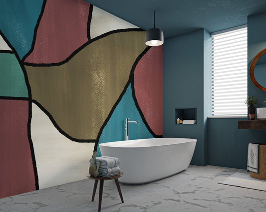 3D abstract geometric wall mural with terracotta and teal organic shapes.