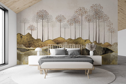 3D modern abstract forest wallpaper with gold metallic hills.