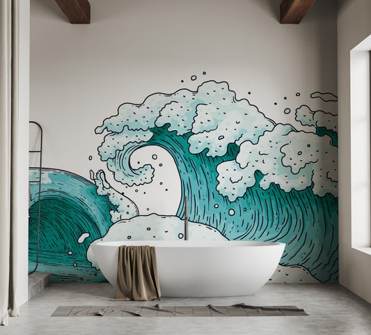 Vibrant sea wave wall mural in a luxury apartment bathroom setting.