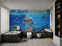 Sharks swim in colorful 3D underwater mural for modern bathroom.