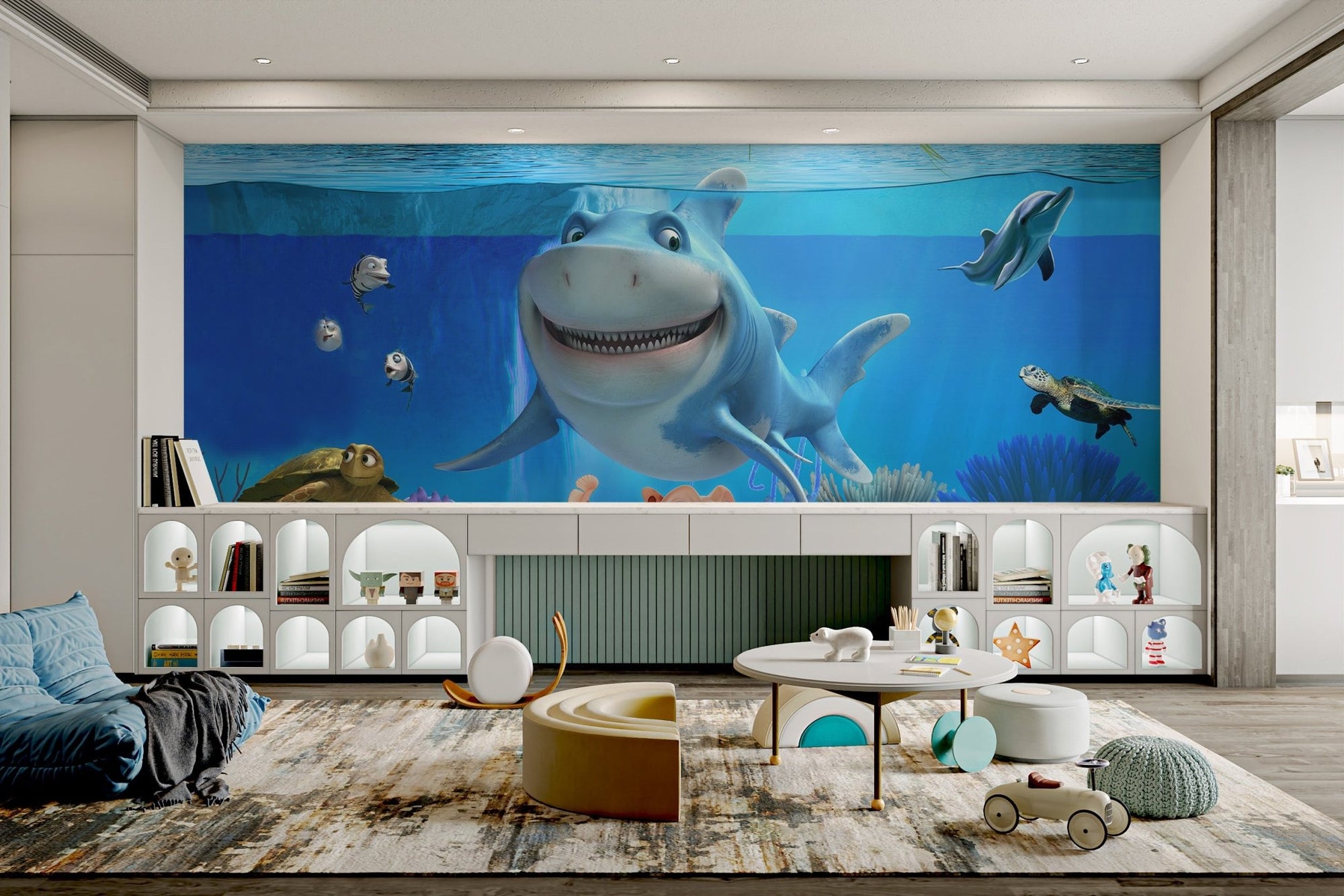 Cheerful 3d shark ocean wall mural design for the playroom.