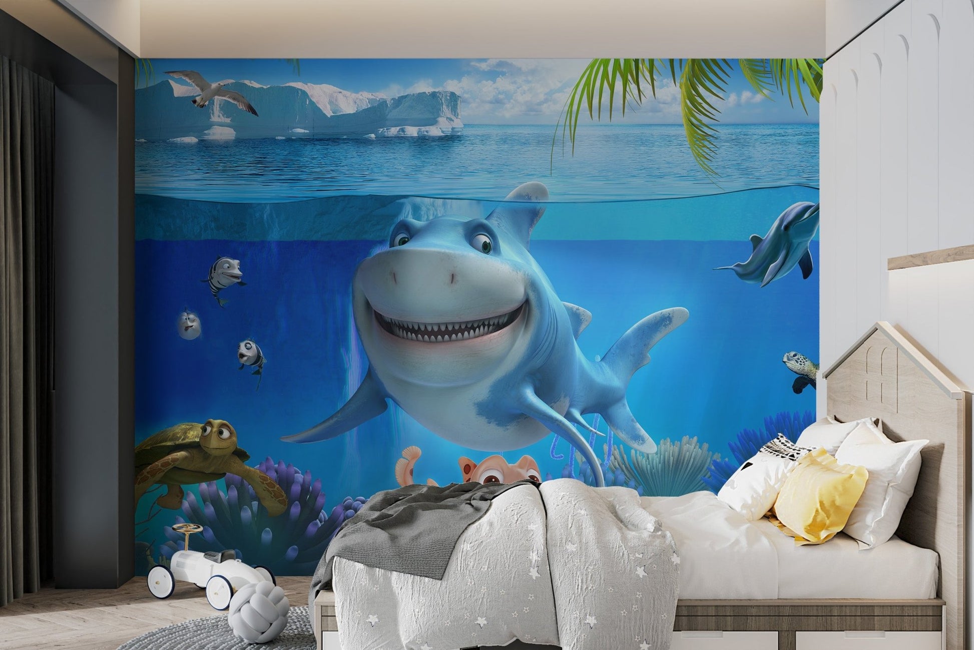 Colorful coral reef and 3d shark wall mural graphic for the bedroom.