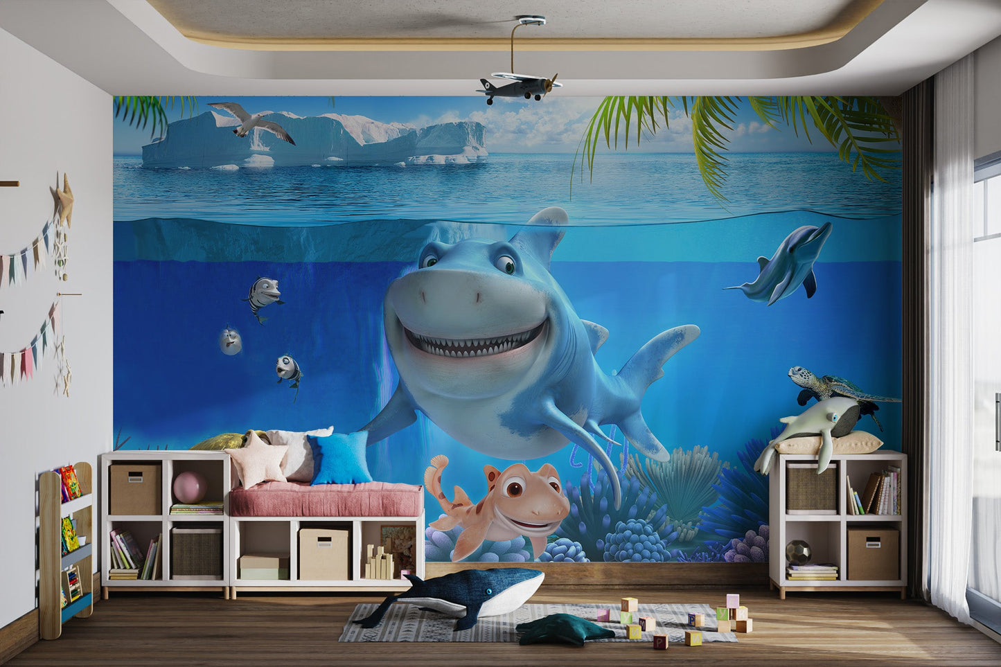 Underwater shark world mural for kids playroom.