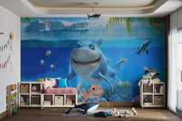 Underwater shark world mural for kids playroom.