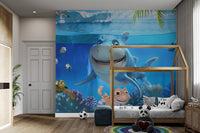 Blue ocean underwater wall mural suited for a cheerful kids bedroom