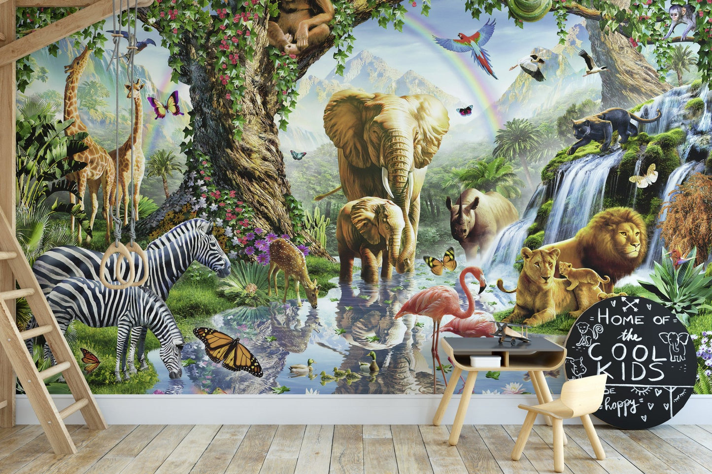 3D Zebra and giraffe wall mural in a minimalist room with a wooden ladder.