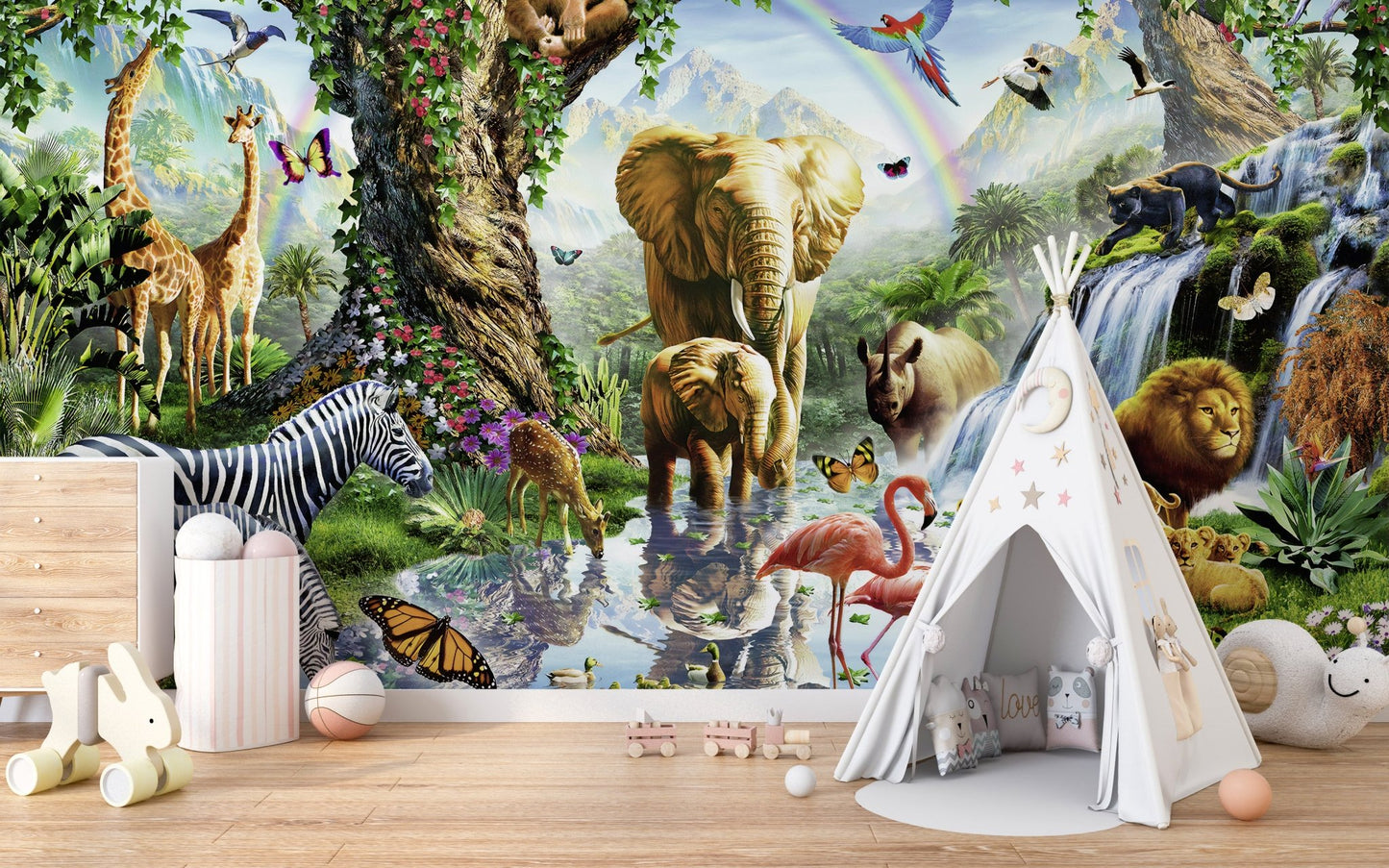 Jungle mural with a white teepee tent and wooden flooring in a playroom.