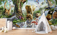 Jungle mural with a white teepee tent and wooden flooring in a playroom.