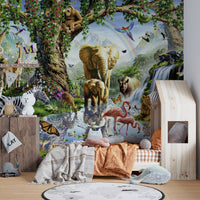 Full wall mural of jungle wildlife in a room with a house-shaped bed.