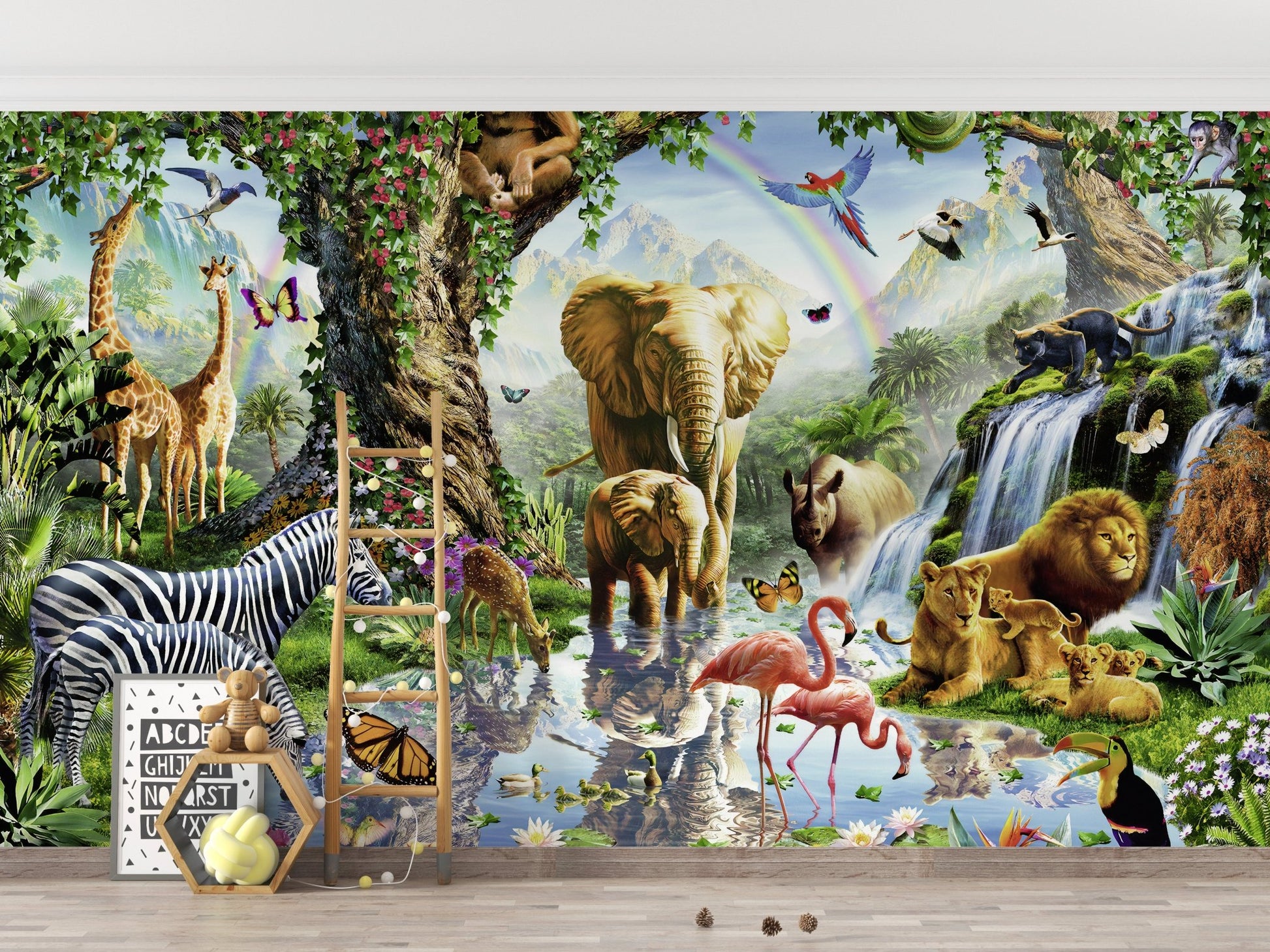 Artistic jungle animals 3D mural for kids room walls.
