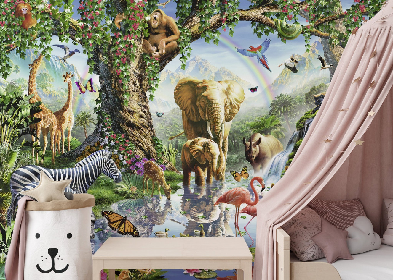 3D Vibrant Jungle Animals Wall Mural in a nursery with pink curtains.