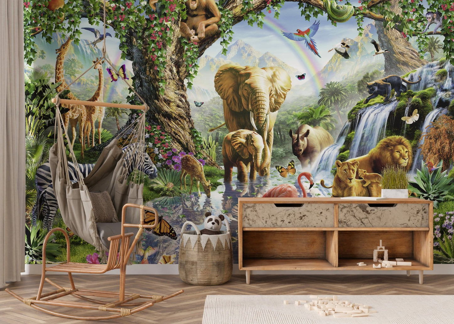 3D Elephant and flamingo wall mural in a space with a wicker rocking chair.
