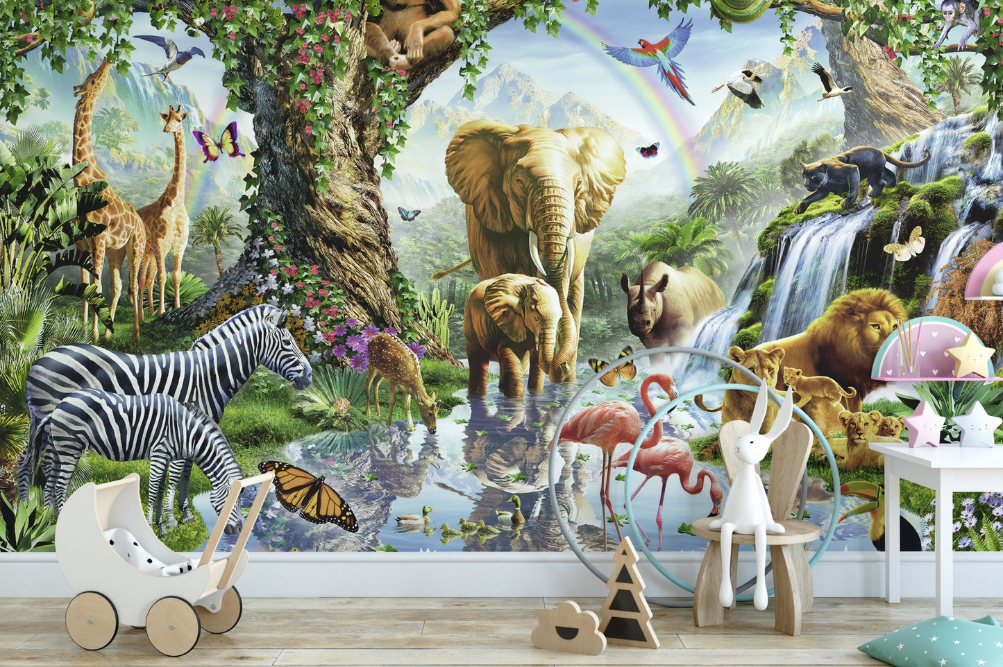 Rainforest animal wall mural with a wooden toy horse and white chair in kids room.