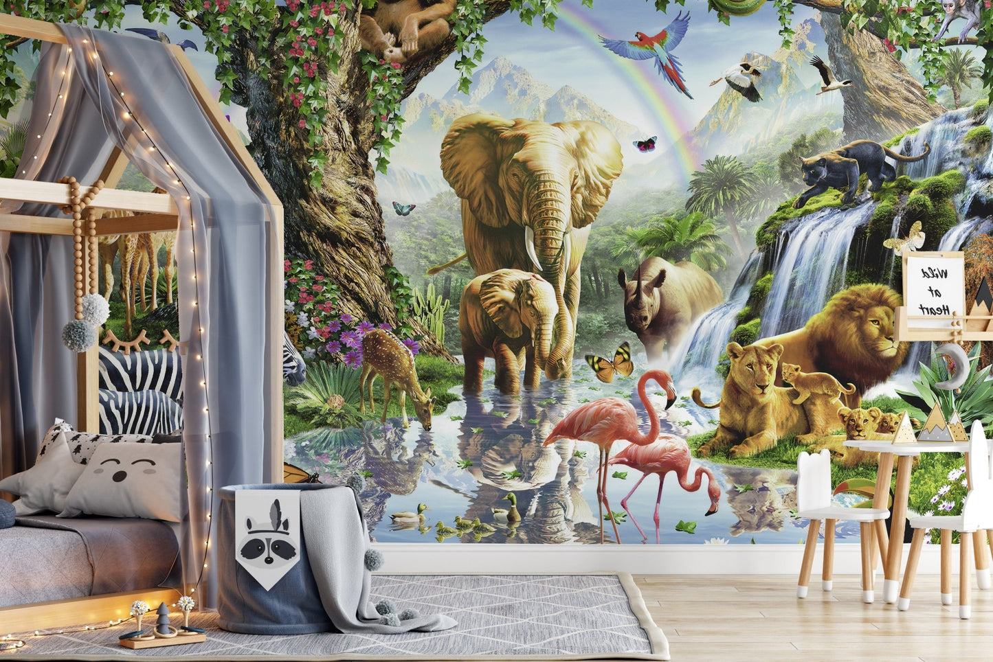 3D Vibrant Jungle Animals Wall Mural featuring a grey bed and house frame.