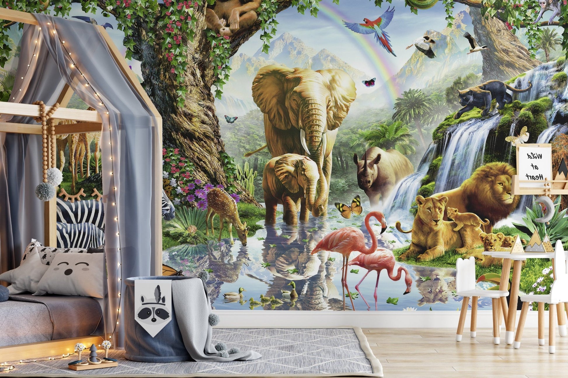 3D Vibrant Jungle Animals Wall Mural featuring a grey bed and house frame.