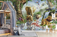 3D Vibrant Jungle Animals Wall Mural featuring a grey bed and house frame.
