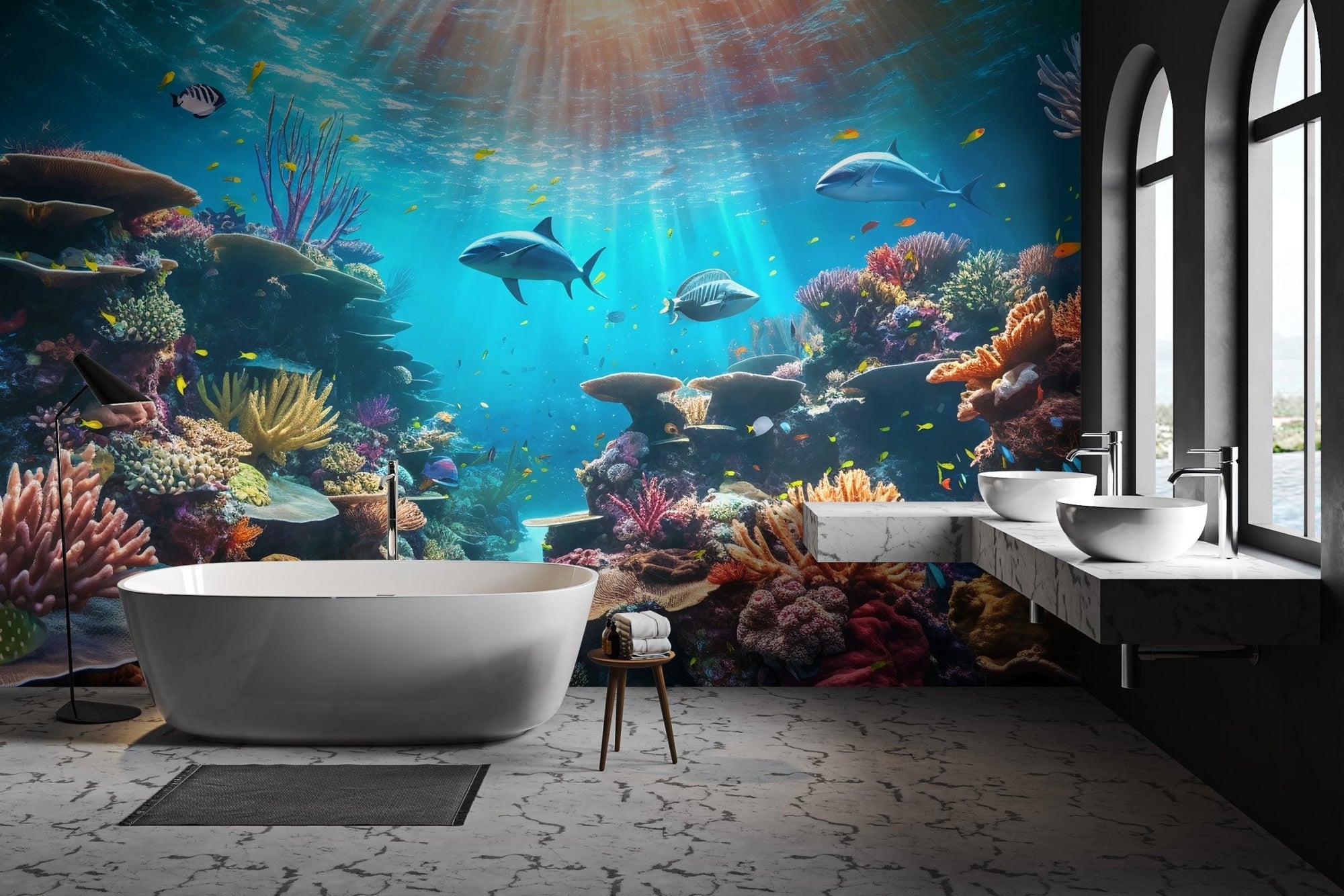 3D vibrant underwater ocean wallpaper featuring a colorful coral reef.