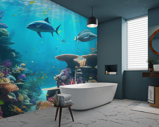 Colorful fish swimming among coral in this vibrant underwater wall mural.