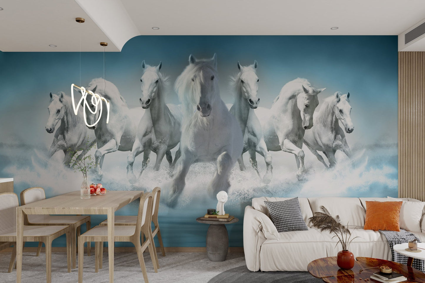 Seven horses wall mural design for a spacious dining room.