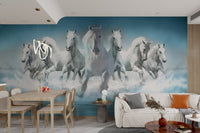 Seven horses wall mural design for a spacious dining room.