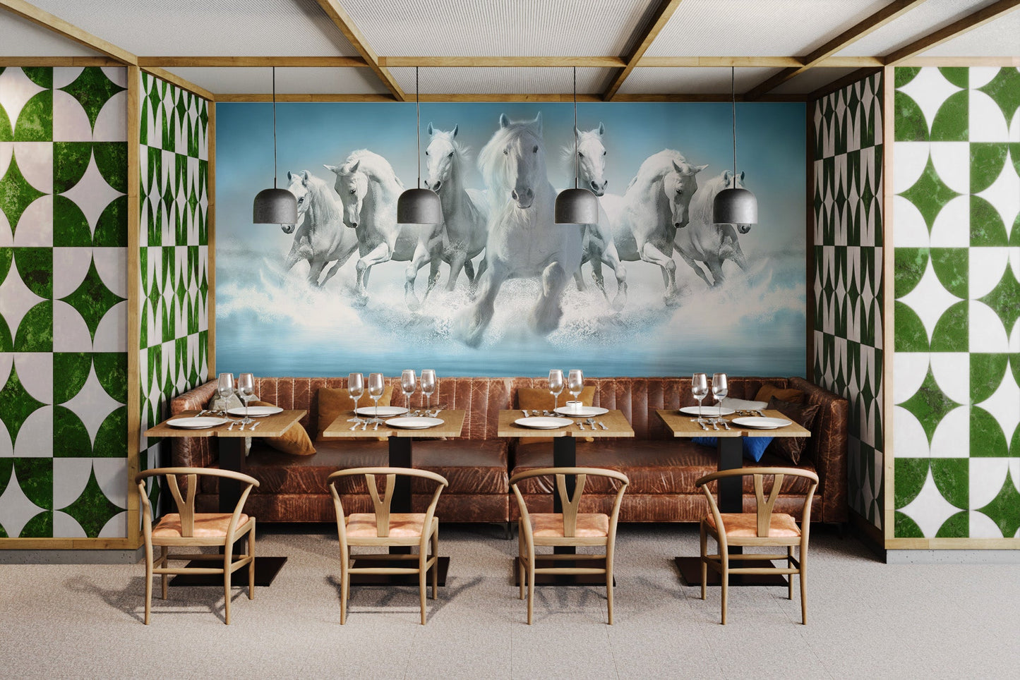White seven horses wall mural installed in a cafe area.