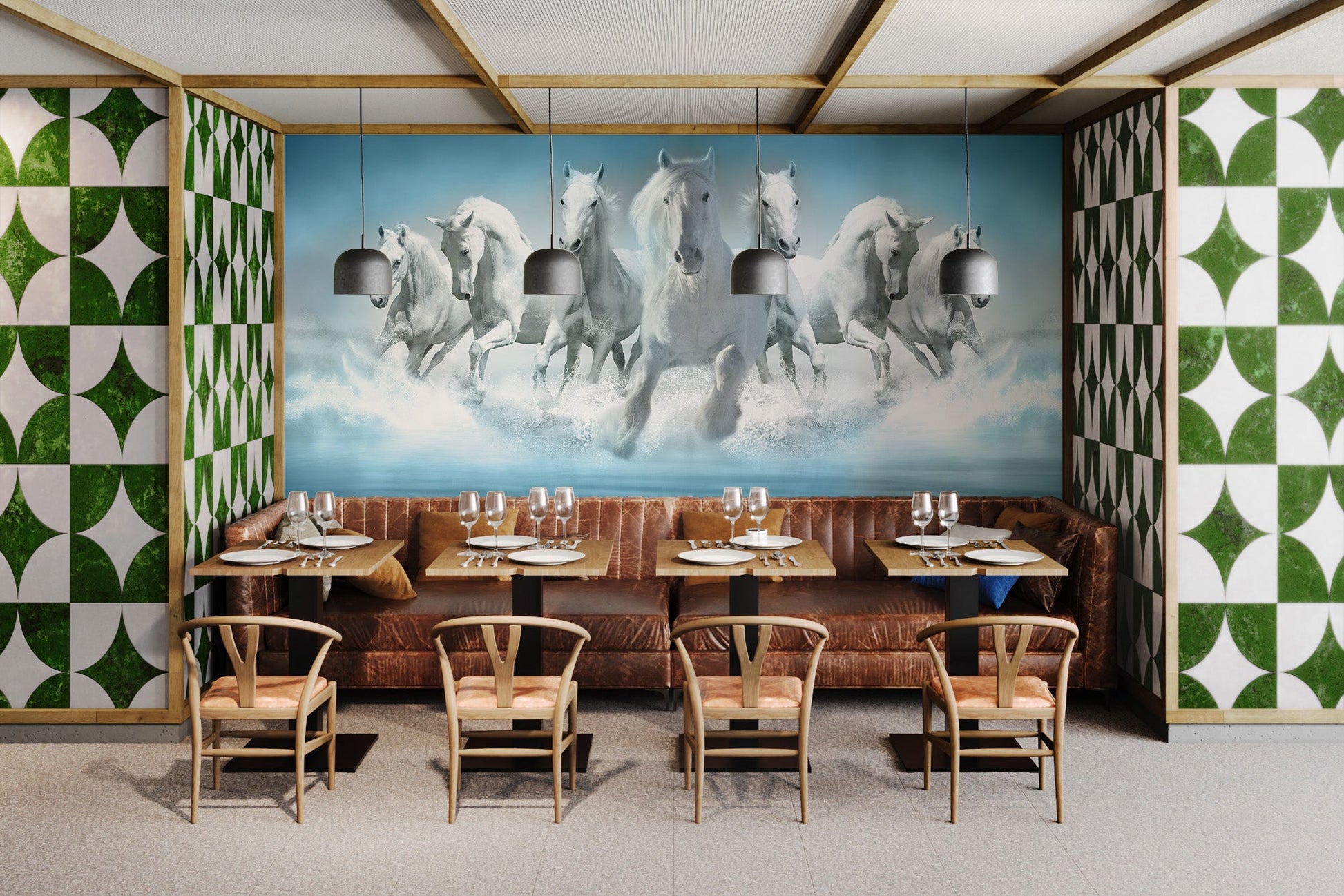White seven horses wall mural installed in a cafe area.