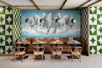 White seven horses wall mural installed in a cafe area.