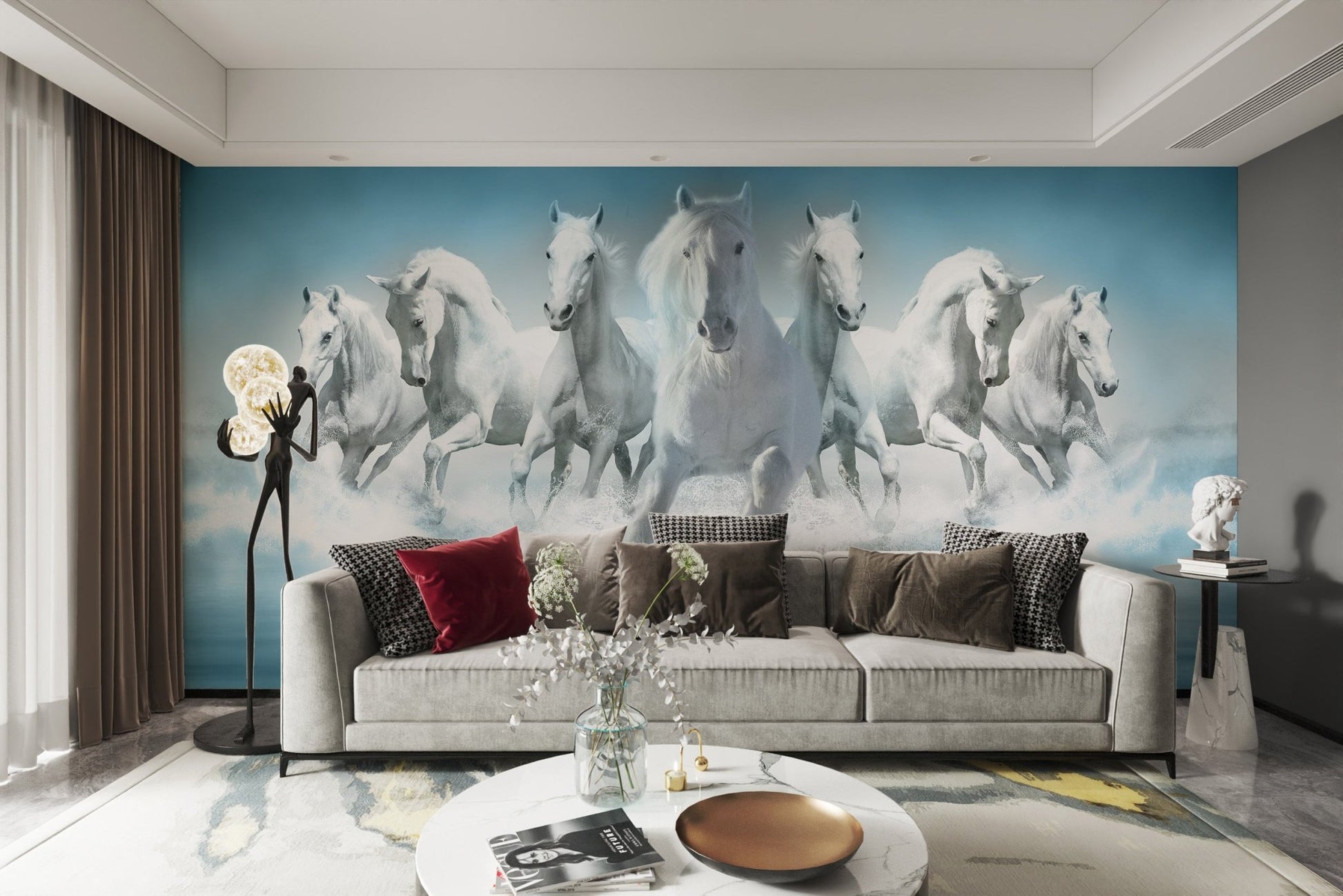 Elegant seven white horses run in serene water for bright living space.
