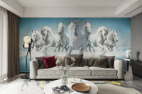 Elegant seven white horses run in serene water for bright living space.