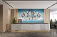 Dynamic seven horses running wall mural in a professional office.